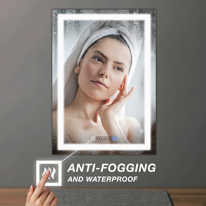30x40 Inch Rectangular LED Bathroom Mirror with Lights Front and Backlit, 3 Color Modes, Touch Dimmer, Anti-Fog - Wall Mounted Vanity Mirror for Bathroom, Bedroom - Fab Glass and Mirror