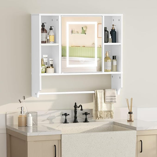 MAHANCRIS Bathroom Wall Cabinet with Mirror, Wall Mounted Medicine Cabinet with Color Adjustment LED Lights, Mirrored Over The Toilet Storage Cabinet with Adjustable Shelves, 23.6''W x 21.6''H, White
