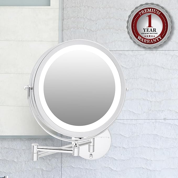 OVENTE Wall Mounted Lighted Makeup Mirror, 9" Double Sided 1X/10X Magnifying Vanity Mirror for Bathroom with LED Lights, Cordless, 360° Rotation and 13" Extendable Arm, Polished Chrome MFW85CH1X10X