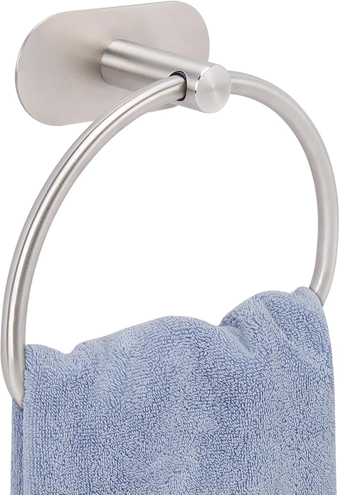 Livabber Towel Ring for Bathroom, 304 Stainless Steel Hand Towel Holder, Heavy Duty Towel Hanger for Bath, Kitchen, Hotel (4″ Self-Adhesive Base, Brushed Nickel)