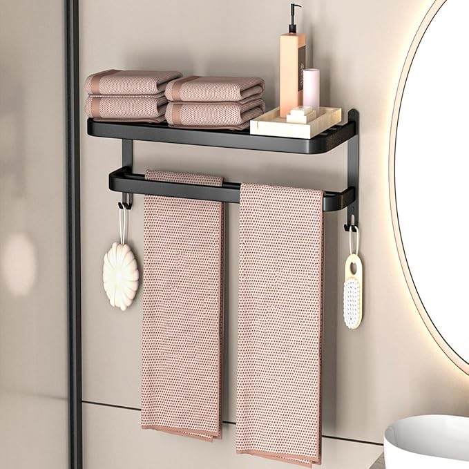 DDS-DUDES 15 Inch Black Towel Racks for Bathroom Towel Shelf with Double Towel Bars Lavatory Wall Mount Holder with Hooks Stainless Steel Hotel Bath Rack (Matte Black)