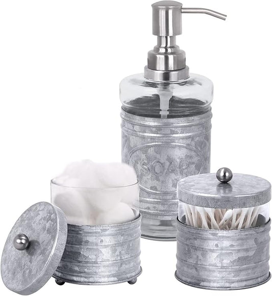 Autumn Alley Adorable 3 Piece Modern Farmhouse Bathroom Accessory Set for Sink/Vanity - Galvanized Soap Dispenser, Cotton Ball Container with Lid, Qtip Organizer – Rustic Farmhouse Bathroom Decor