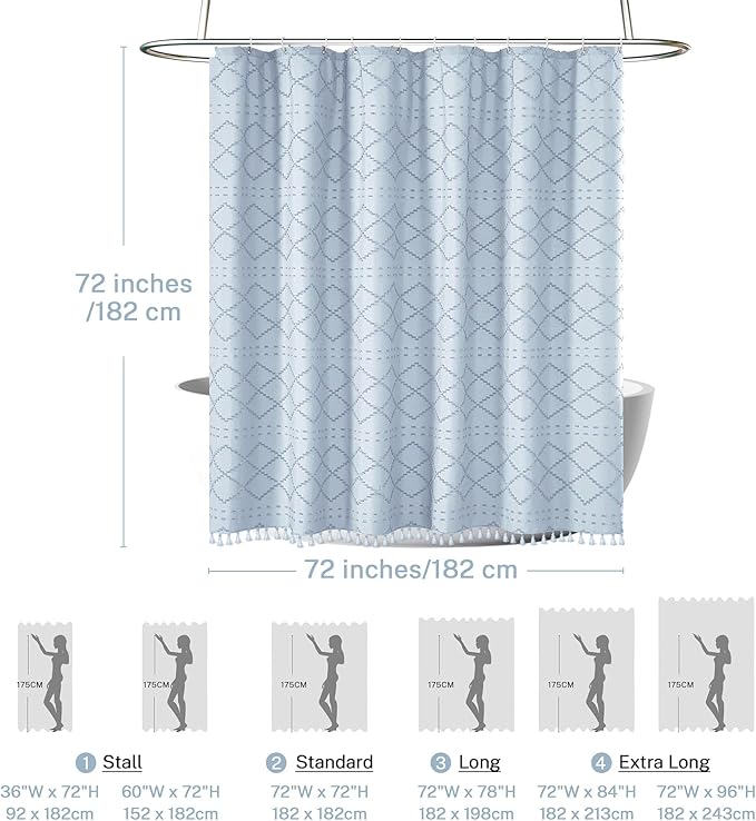 Fog Blue Boho Shower Curtain, 72 x 72 Tufted Chevron Textured Striped Modern Farmhouse Minimalist Cloth Shower Curtain for Bathroom