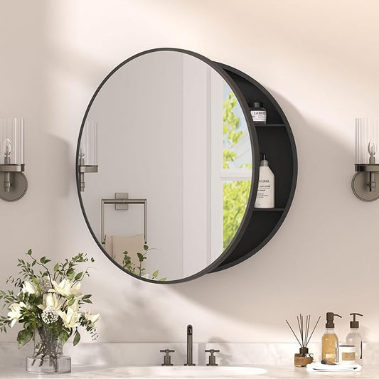 30 x 30 Inch Round Black Mirror Medicine Cabinet Surface Mounted, Circular Modern Bathroom Medicine Cabinet with Mirror, Metal Framed Medicine Cabinets with Tempered Glass Mirror