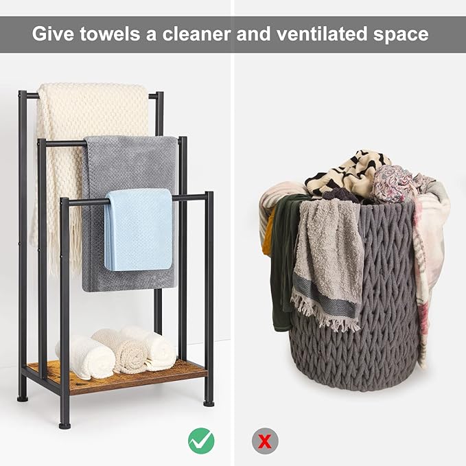 Towel Rack Freestanding, Standing Towel Rack for Bathroom, 3 Tier Towel Rack Stand, Freestanding Towel Holder Floor, Metal Towel Bar Stand, Blanket Rack Stand for Bedroom, Rustic Brown