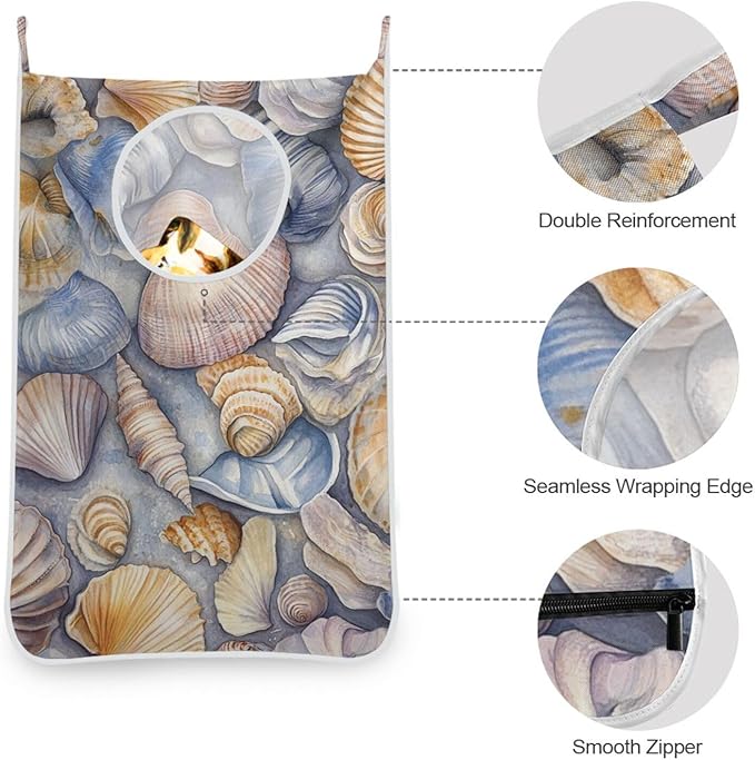 Hanging Laundry Hamper with Stainless Steel Hooks,Oxford Fabric Printing Door Laundry Clothes Bag, 29.5X20inch 1PCS Grey Shell Conch