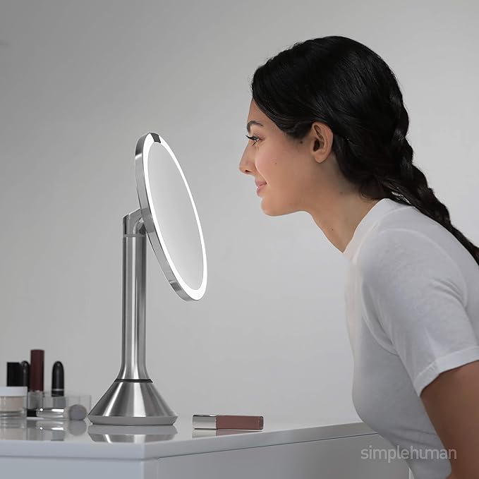 simplehuman 8" Round Sensor Makeup Mirror with Touch-Control Brightness 5X Magnification, Rechargeable and Cordless, Rose Gold Stainless Steel