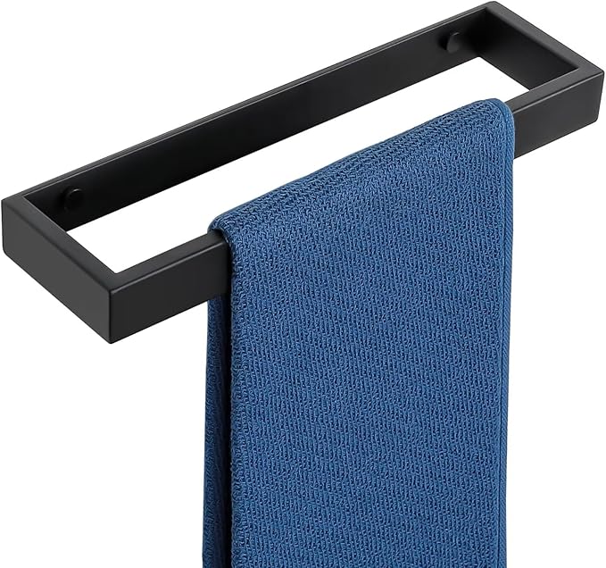 Sayayo Matte Black Towel Bar for Bathroom, 12 Inch Hand Towel Holder Wall Mount, Screw or Self Adhesive Towel Ring Square SUS304 Stainless Steel, 3.2 Inch Wide