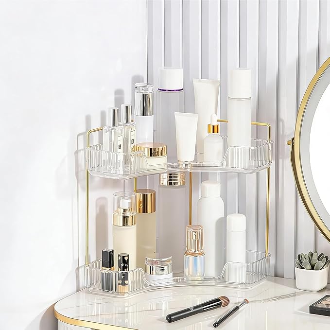Multi-Tier Corner Countertop Organizer Rack, Makeup Organizers for Vanity, Practical Shelf for Toiletries and Accessories, Corner Counter Storage for Bathroom Dresser (White-2Tier)