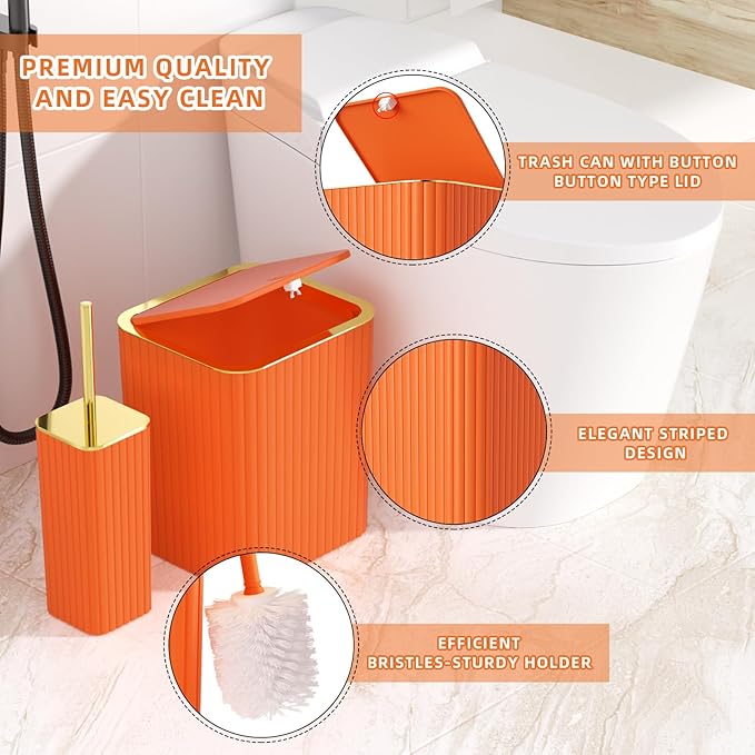 XLHOMO Bathroom Accessory Set - 26PC Bathroom Shower Curtain and Rug Set, Bathroom Accessories Set, Orange Bathroom Set with Trash Can, Toilet Brush, Qtip Holder & Soap Dispenser