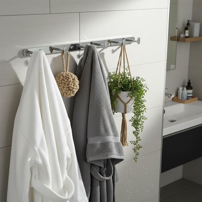 Roshan Handcrafted and Hand Polished Multi Purpose Towel Rack, Rust Proof and Peel Resistant Towel Shelf, Includes 2 Handmade Hooks (4-Piece Silver)