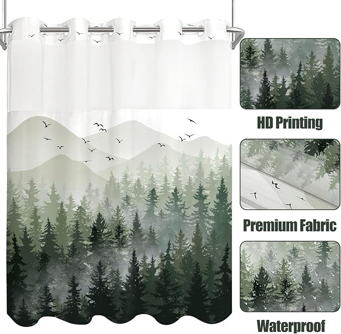 Accnicc No Hook Shower Curtain with Snap in Liner Sage Green Misty Forest Hookless Shower Curtains for Bathroom Foggy Nature Pine Tree Mountain Woodland Waterproof Fabric Bath Curtain Decor 71×74In