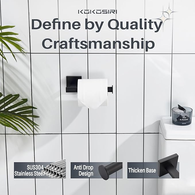 KOKOSIRI 20-Inch Bathroom Shelves Glass Floating Shelf Toilet Roll Holder Toilet Paper Holder Stainless Steel Matte Black B1105BK-L20+B2008BK