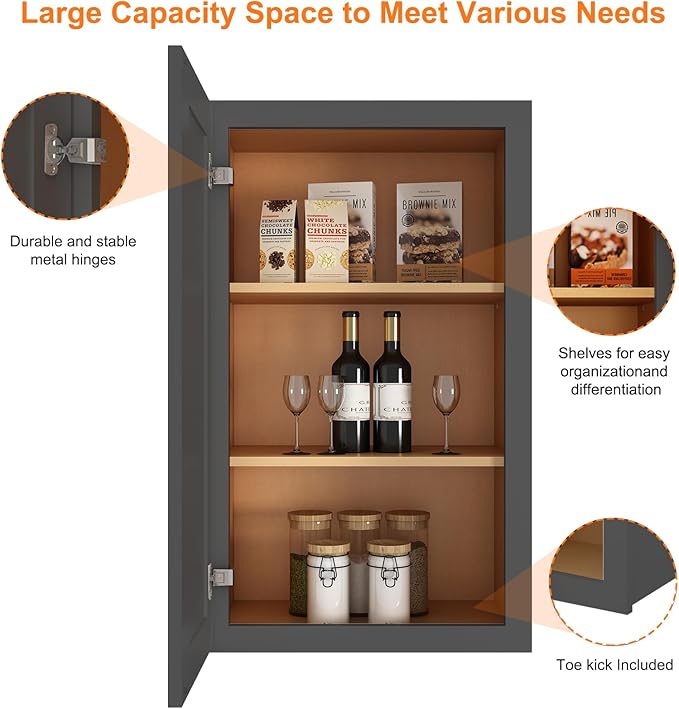 ROOMTEC Wood Wall Cabinet,RTA Single Door Medicine Cabinet with Adjustable Shelves and Soft-Close Door for Kitchen, Bathroom, and Laundry. 12" D*18" W*30" H, Shaker Grey