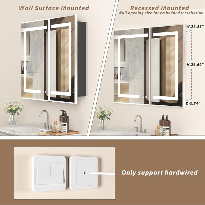 LOVMOR Led Medicine Cabinet with Mirror, Bathroom Vanity Mirror Cabinet with Shelves, 3-Color Lights Dimmer, Silver 32" H x 40" W