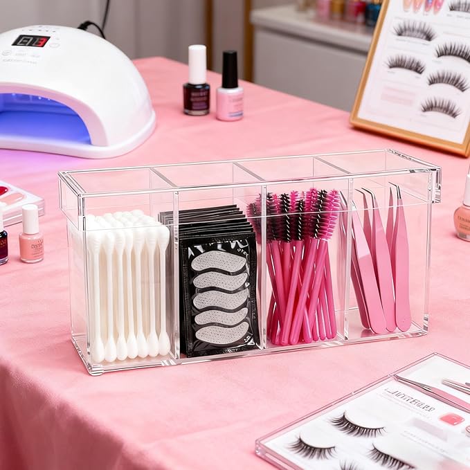 Klmnop Lash Extension Organizer with Lid, 4-Compartment Acrylic Storage Box for Lash Techs, Clear Eyelash Supplies Container Case with for Makeup Brushes and Beauty Tools(Clear)