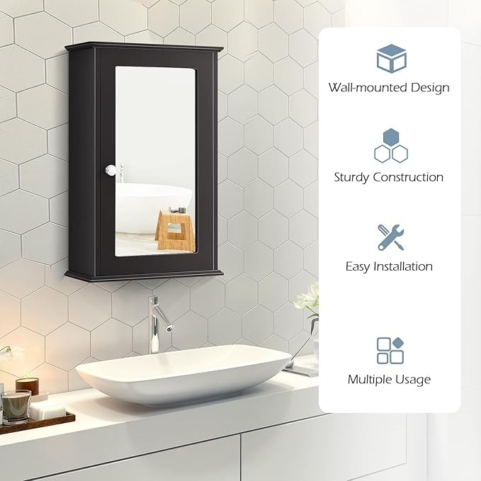 Dual-use, Wall Mount Mirror w/Adjustable Shelf, Vanity Storage Bathroom, Living Room or Entryway Medicine Cabinets, Small, Coffee