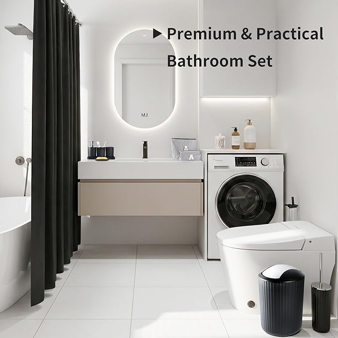 Bathroom Accessories Set, 11PCS Black Bathroom Accessory Set with Shower Curtain, Trash Can, Makeup Bag, Soap Dispenser and Dish, Toilet Brush, Toothbrush Holder, Tumbler Cup, Q-tip Holders for Decor