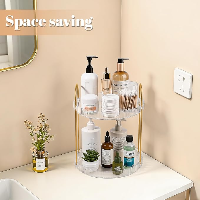 Anyoifax 360 Rotating Makeup Organizer 2 Tier Large Capacity Perfume Skincare Tray for Dresser Spinning Bathroom Counter Organizer for Vanity Lazy Susan Turntable Storage for Kitchen, Clear