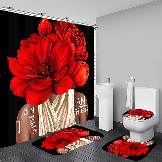 Yddsky 4 Pcs Valentines Red Girl Shower Curtain Sets African American Woman Rose Floral Quotes Non-Slip Rugs Bath Mat Toilet Cover U Shaped Mat Shower Curtain with 12 Hooks Bathroom Set