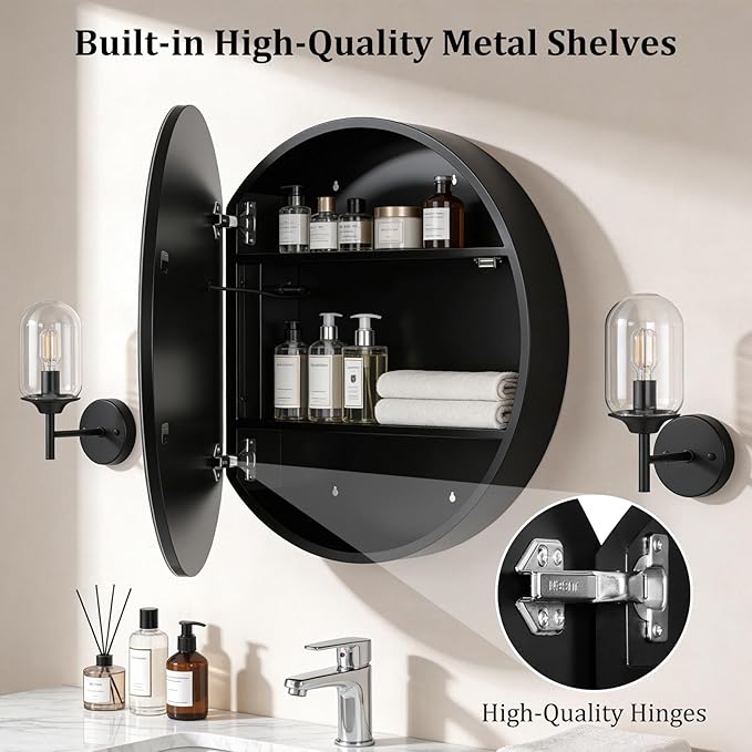 WallBeyond 24 in Round LED Medicine Cabinet with Mirror, Black Bathroom Cabinet with Storage, 3 Color Stepless Dimmable Lights, Anti-Fog, Memory Function, Hardwired, Surface Mount