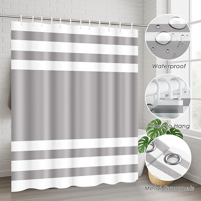 Striped Grey Shower Curtain Set with Toilet Lid Cover and Non-Slip Rugs for Bathroom, Minimalist Modern 4 Pcs Shower Curtain, Neutral Bathroom Set with 12 Hooks