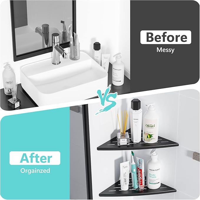 Qeke Corner Shower Shelf Matte Black, 304 Stainless Steel 11.5” Recessed Corner Shelf Bathroom for Tiled Wall, Floating Shower Shelves Shampoo Holder, No Drilling, 2 Pack