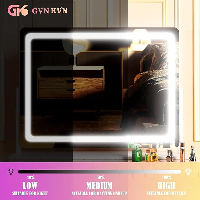 Gvnkvn Makeup Vanity Mirror 24" x 19" Large LED Makeup Mirror, Desk Mirorr with Lights, Light up Mirror with 10X Magnification and, Dimmable 3 Modes, Touch Control White