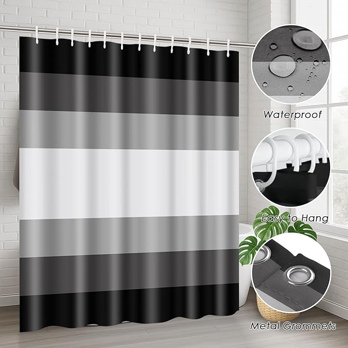 Black Grey Shower Curtain Set with Toilet Lid Cover and Non-Slip Rugs for Bathroom, Modern Striped Lines Gray Ombre 4 Pcs Shower Curtain, Simple Abstract Bathroom Set with 12 Hooks