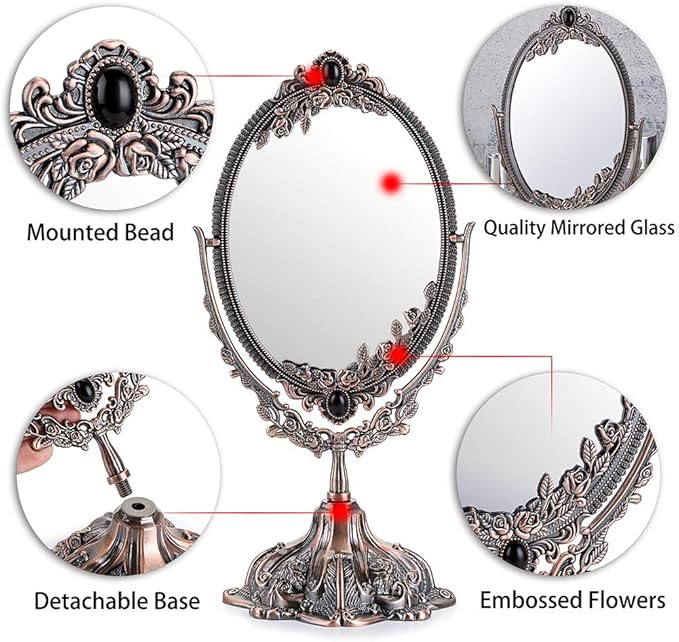 JUXYES Metal Tabletop Antique Decorative Makeup Mirror with Stand, Vintage Swivel Double Sided Cosmetic Mirror with Frame, Retro Desktop Oval Dressing Mirror for Bathroom Bedroom