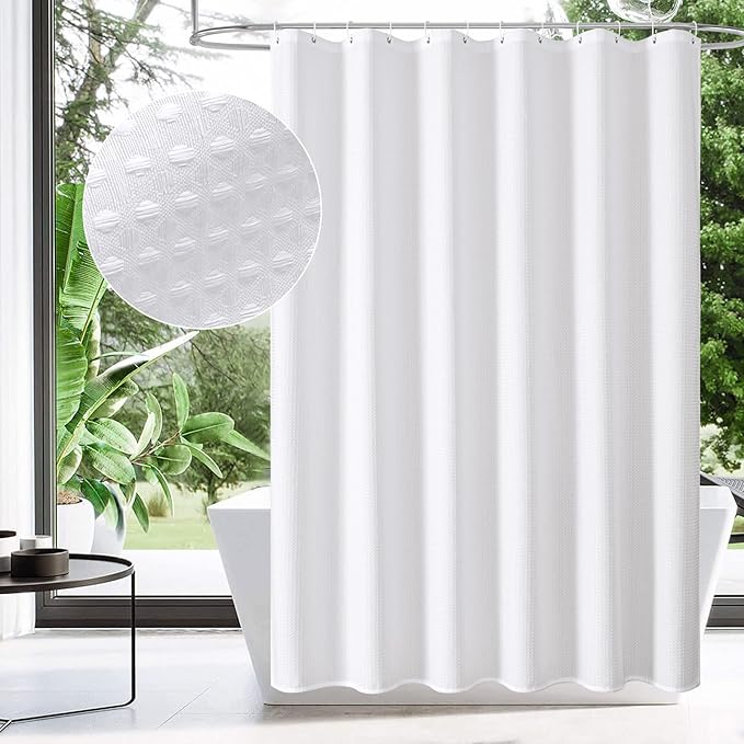 MitoVilla White Waffle Shower Curtain 72 x 78, Weighted Fabric Long Shower Curtain Set, Modern Farmhouse Shower Curtain for Bathroom Decor, Luxury Hotel Cloth Shower Curtains 78 inch Long