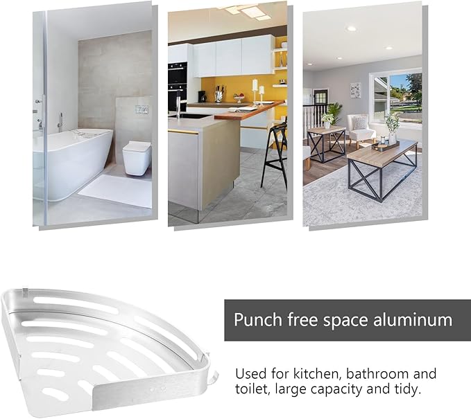 SEWACC Punch-Free Space Aluminum Triangle Wall-Mounted Storage Rack with Hooks, Double-Layer Bathroom Shelf for Hotel and Home Organization