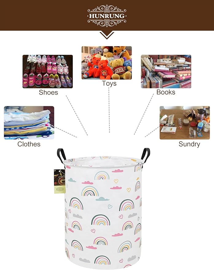 HUNRUNG Laundry Hamper,Large Canvas Fabric Lightweight Storage Basket Toy Organizer Dirty Clothes Collapsible Waterproof for College Dorms???Round-Rainbow???