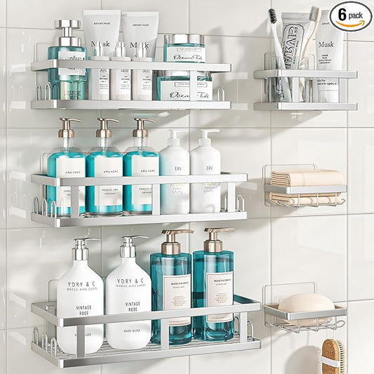 Youvip Shower Caddy 6 Pack, Adhesive Shower Shelves with Soap Holder, No Drilling Rustproof Large Capacity Bathroom Organizers and Storage, Silver