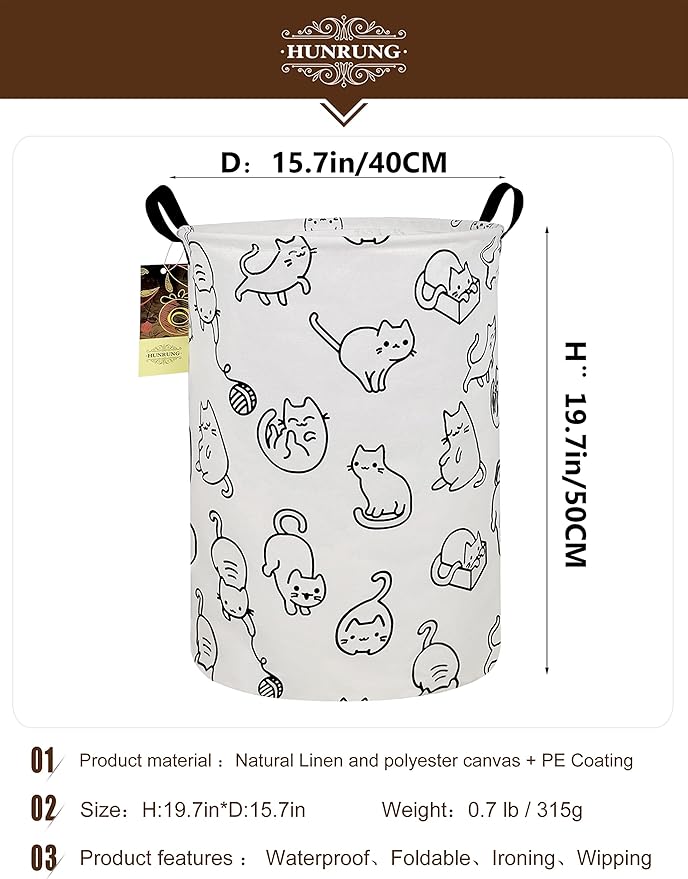 HUNRUNG Laundry Hamper,Large Canvas Fabric Lightweight Storage Basket Toy Organizer Dirty Clothes Collapsible Waterproof for College Dorms, Children Bedroom,Bathroom???Round cat???