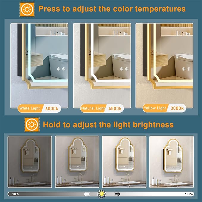20"x32" LED Medicine Cabinet with Mirror, Recessed or Surface Mount Medicine Cabinets for Bathroom, Full Metal, Decorative Art Arched Mirror with Storage, 2 Shelves and 1 Organizer Box, Bling Gold