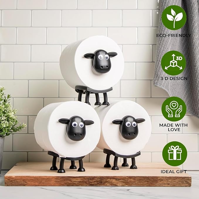 Sheep Toilet Roll Holder - Funny Toilet Paper Holder Free Standing Bathroom Set - 3D Printed Black Sheep Loo Roll Holder - Cute Bathroom Decor - Set of 3