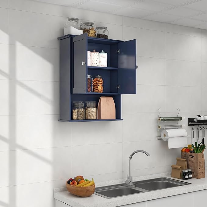 VANIRROR Bathroom Wall Cabinet Navy Blue Over Toilet Storage Cabinets 24x30 in Above Toilet Wood Medicine Cabinets Wall Mounted Bathroom Cabinet with 2 Door & Adjustable Shelf