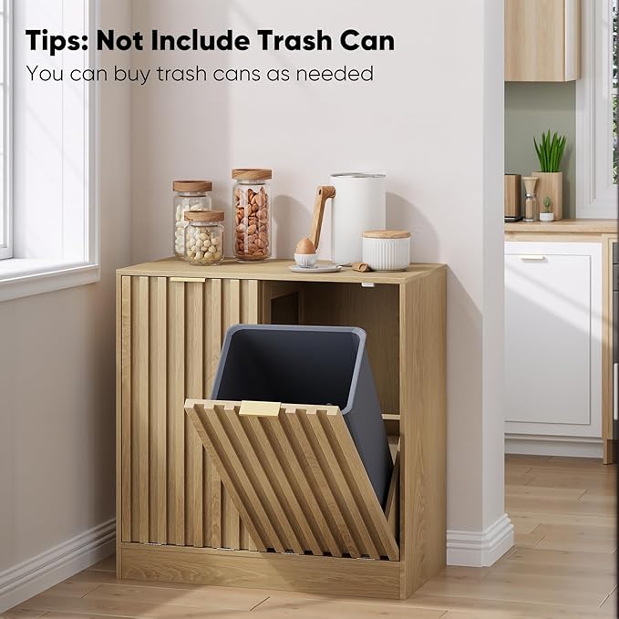 Smuxee Double Tilt Out Laundry Hamper Cabinet, Hidden Laundry Cabinet with Double Baskets, Natural Trash Can with Fluted Doors for Bathroom, Kitchen