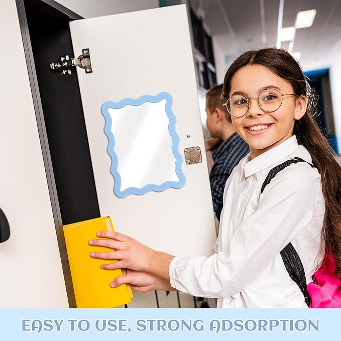 Leinuosen 1 Pcs Scalloped Magnetic Locker Mirror Small Real Glass Makeup Mirror with Magnetic Backing Cute Locker Decorations for Office Cabinet Lockers Accessories (5 x 7 Inch,Blue)