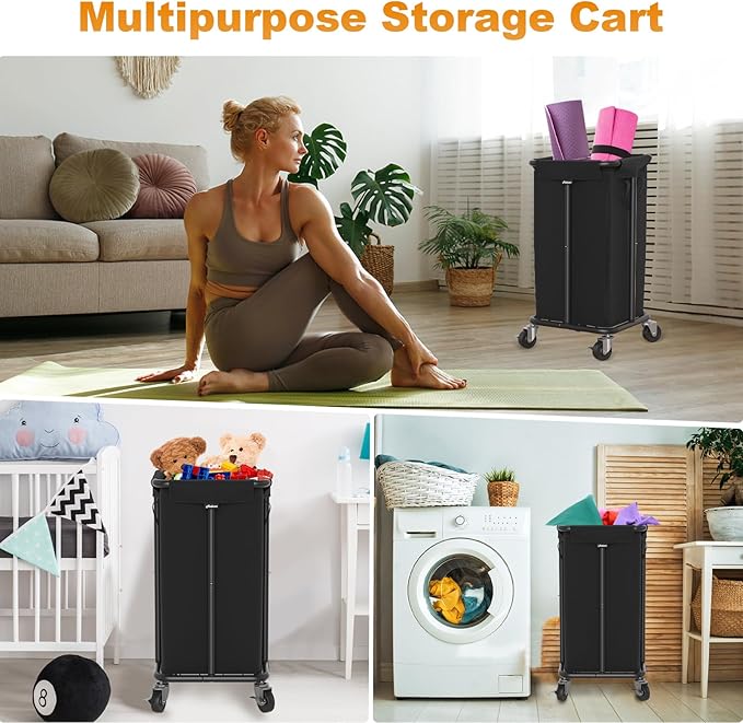 Hodonas Laundry Basket with Wheels, Rolling Laundry Hamper, 30 Gal.(115L), Removable and Machine Washable Liner, Steel Frame, Tall Laundry Cart for Laundry Room, Bedroom, Bathroom, Dorm Storage -Black