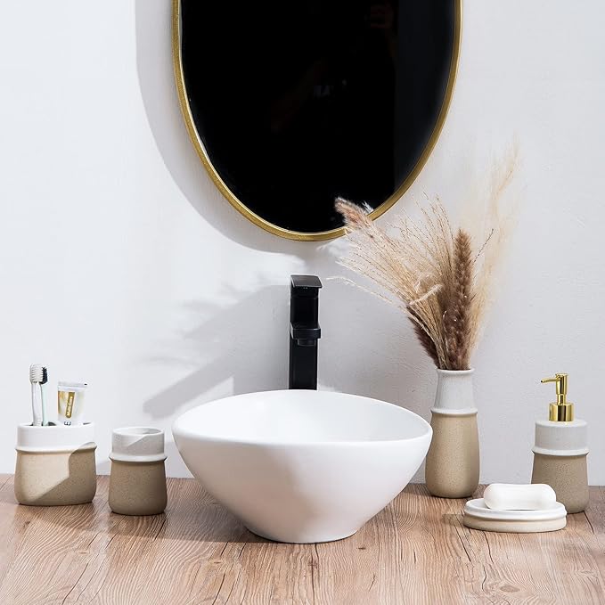 Bathroom Accessories Set,Farmhouse Bathroom Decor,4 Pcs Ceramic Gift Set Apartment Necessities, Contain Toothbrush Cup,Soap Dispenser,Soap Dish,Tumbler,Beige