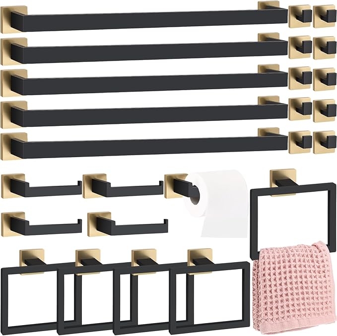 Gisafai 25 Pcs Black Gold Bathroom Hardware Accessories Set 23.6 Inch Bath Towel Bar Kit Stainless Steel Bathroom Hardware Set Towel Racks Ring Robe Hooks Paper Holder for Wall Mounted