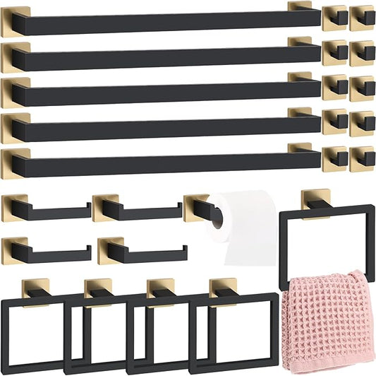 Gisafai 25 Pcs Black Gold Bathroom Hardware Accessories Set 23.6 Inch Bath Towel Bar Kit Stainless Steel Bathroom Hardware Set Towel Racks Ring Robe Hooks Paper Holder for Wall Mounted