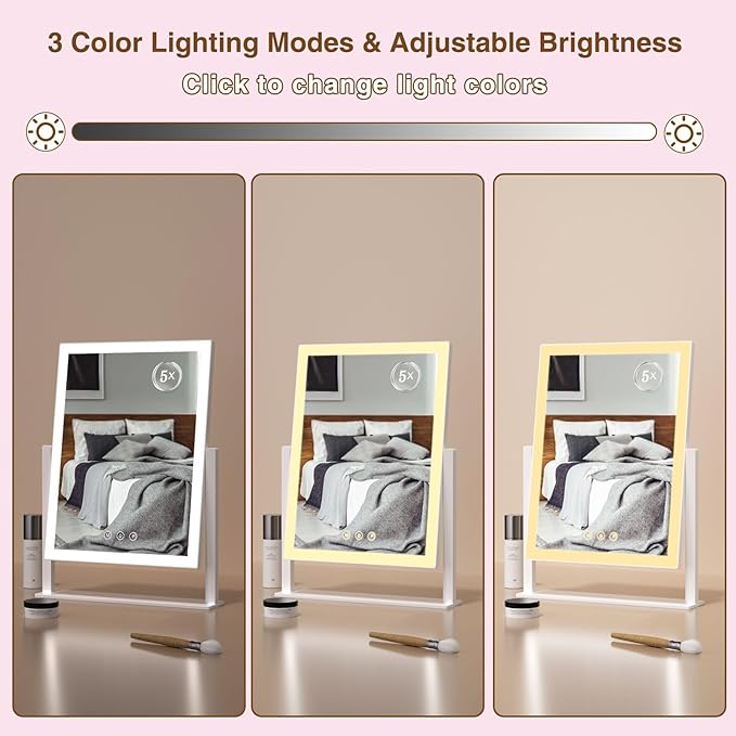 ViKert Light up Makeup Mirror for Vanity, Desk Mirror with Light with 5X Magnification Mirror, Light up Vanity Mirror, Led Mirror for Desks, Makeup Vanity Mirror, 3 Color, Touch Control