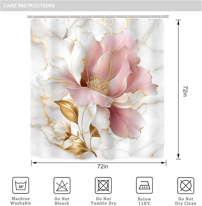 Riyidecor Marble Floral Pink Gold 4Pcs Bathroom Shower Curtain Sets Modern Flower Abstract Bathroom Decor Set with Rugs and Accessories Minimalist Toilet Lid Rug, Contour and Bath Mat with 12 Hooks