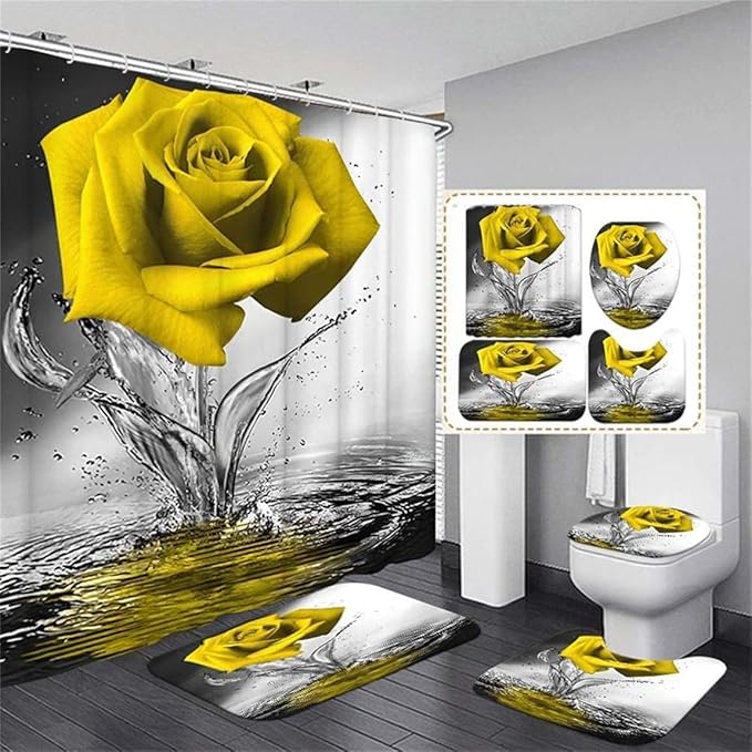 Yellow Rose Bathroom Sets with Shower Curtain and Rugs Water Yellow Rose Shower Curtain Set with Non-Slip Rugs,Bath Mat,Toilet Lid Cover and 12 Strong Hooks,Modern Style Shower Curtain for Bathroom