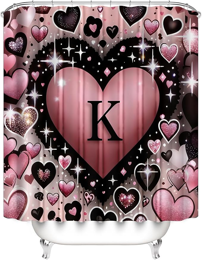 AZHM Romantic K Heart Shower Curtain Set 4 PCS Pink Love Theme Bathroom Decor for Wedding and Valentine's Day Gift with Rugs and 12 Hooks