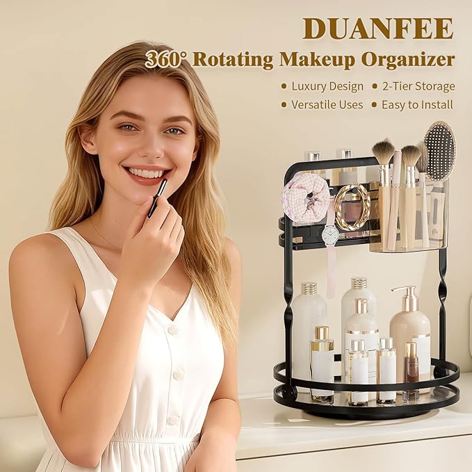 Rotating Makeup Organizer, Black Perfume Organizer for Dresser, Spinning Bathroom Countertop Organizer, 2 Tier Lazy Susan Vanity Tray Skincare Storage Cosmetic Display Case with Brush Holder