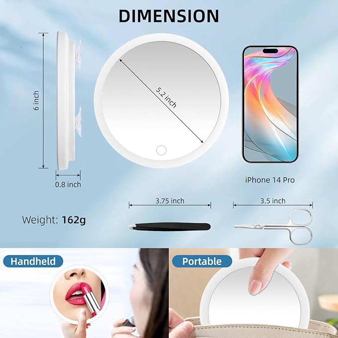 30X Magnifying Mirror with Lights, 30x Magnified Mirror with 3 Color Lights Adjustable Brightness, Rechargeable 6inch Travel Magnification with 3 Suction Cups - Includes Tweezers & Scissors